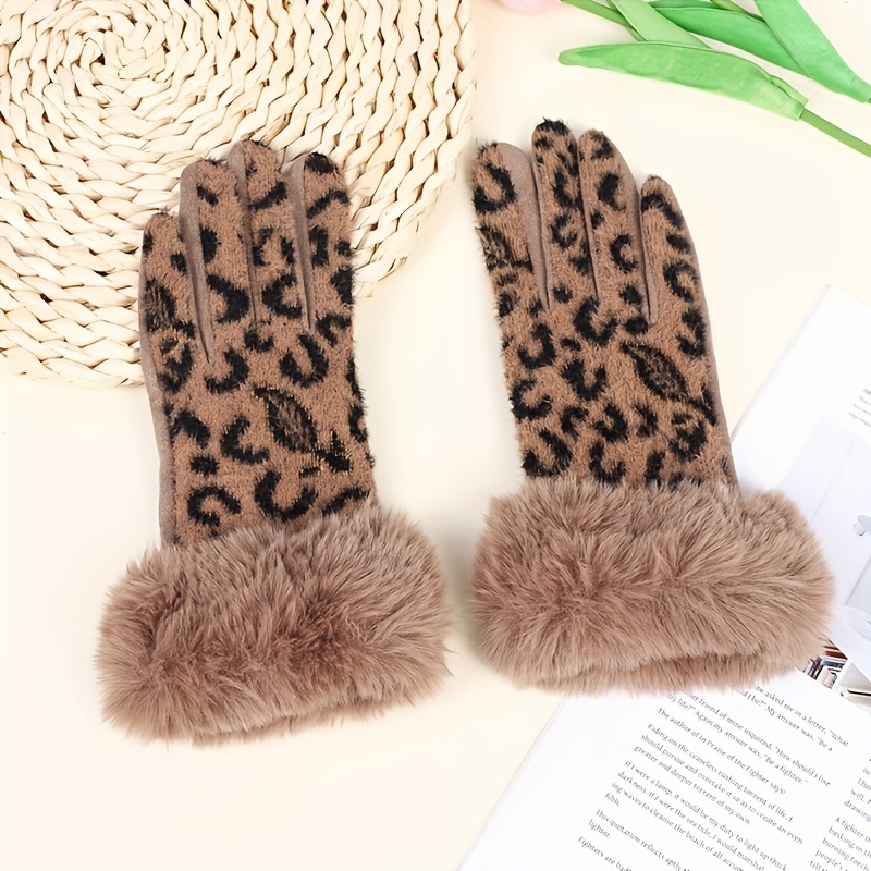 Women's Touchscreen Five-finger Warm Gloves With Plush Leopard Print On The Back And Soft Lining For Autumn And Winter Christmas