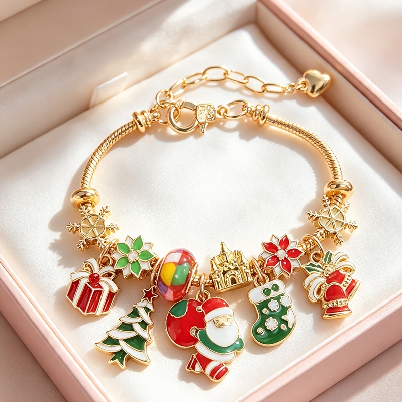 TEMU Bracelet à perles sur chaîne à multiples pendentifs sur le thème de Noël : Père Noël, sapin de Noël, boîte cadeau, chaussettes à de neige, gants