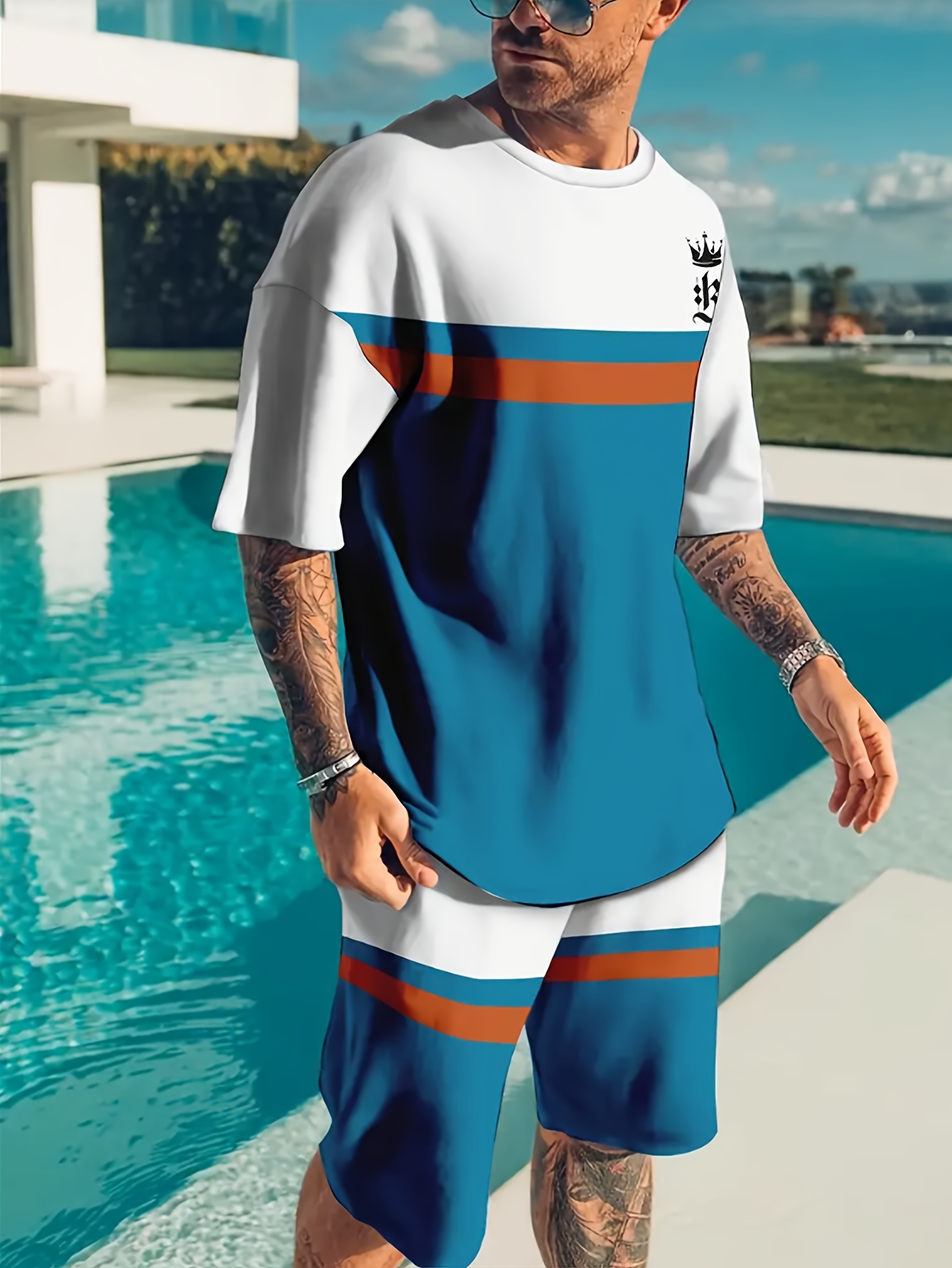 2pcs *'s Short Sleeve Tracksuit and Casual Sportswear Short Set Outfit  -Fashion Pattern Print Round Neck Short Sleeve T-shirt Drawstring Shorts  fo