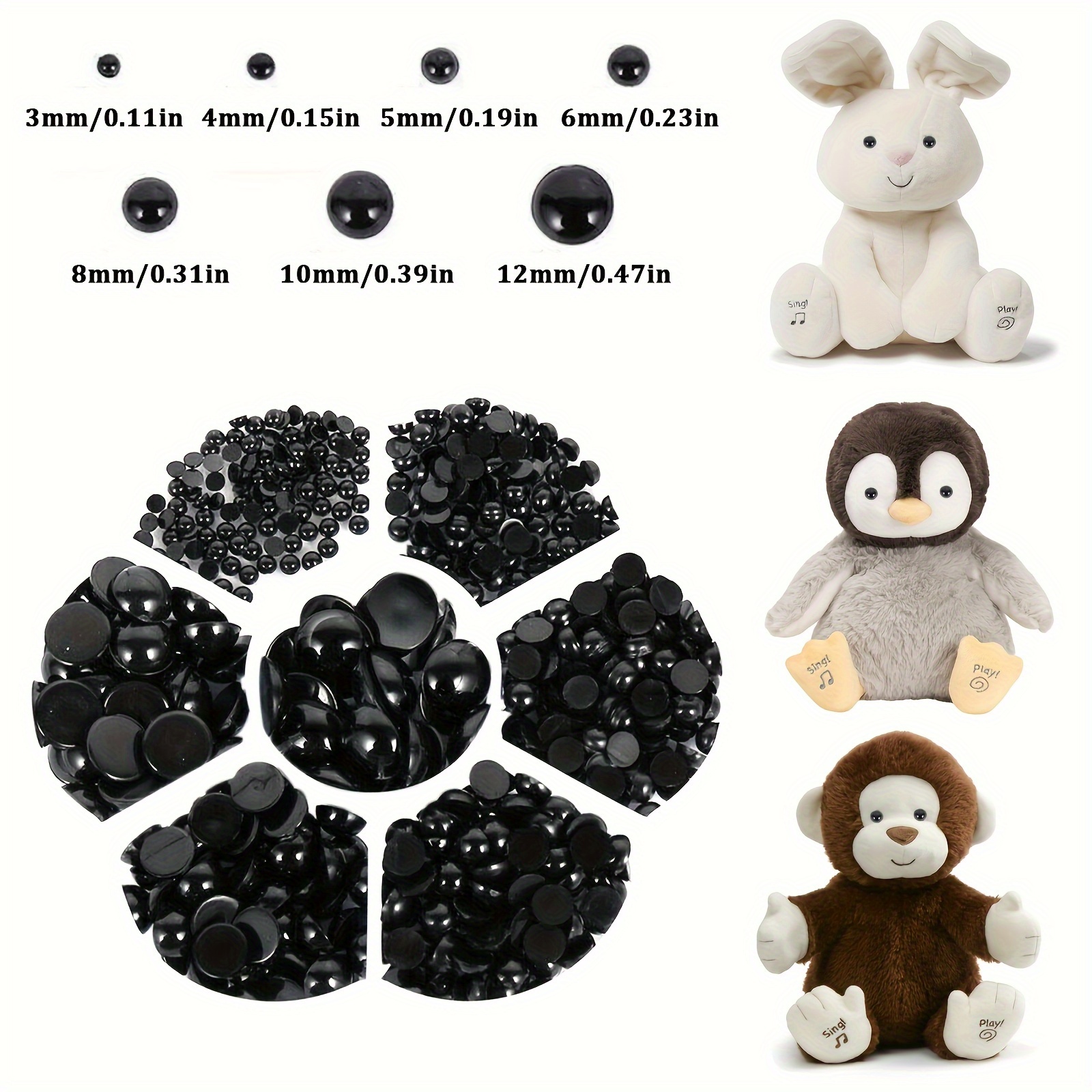 

350/650pcs Black Plastic Safety Eyes For Dolls, 3mm-12mm Flatback Cabochon Beads For Stuffed Animals, Crochet & Craft Projects (no Storage Case)