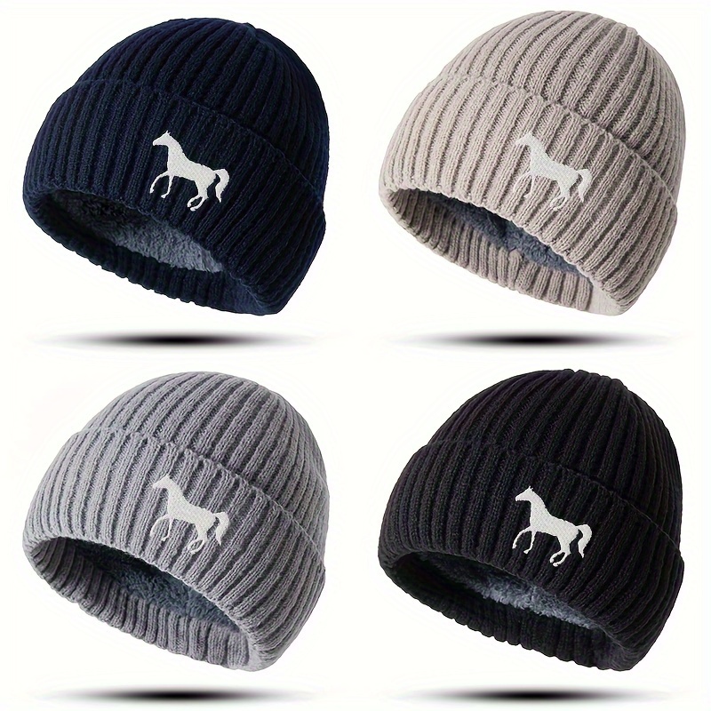 

Unisex Embroidered Horse Knit Skullies & Beanies - 100% Acrylic Soft Winter Cap With Cuff, Thermal Fleece Lined For , Windproof Beanie For Cold Weather