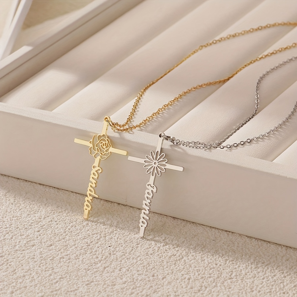 Women's Personalized Cross & Birth Flower Pendant Necklace