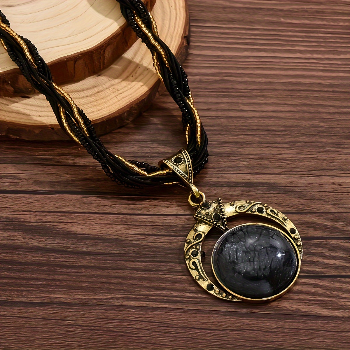 TEMU Vintage Style Elegant Moon Necklace With Starry Sky Black Resin, Multilayer Beaded Chain, Luxurious Women's Jewelry For Holidays, Banquets, And Balls, Retro, Elegant