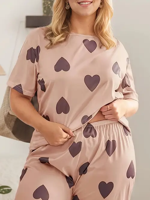 plus size print pajama set for women short sleeve long pants soft polyester machine washable sleepwear