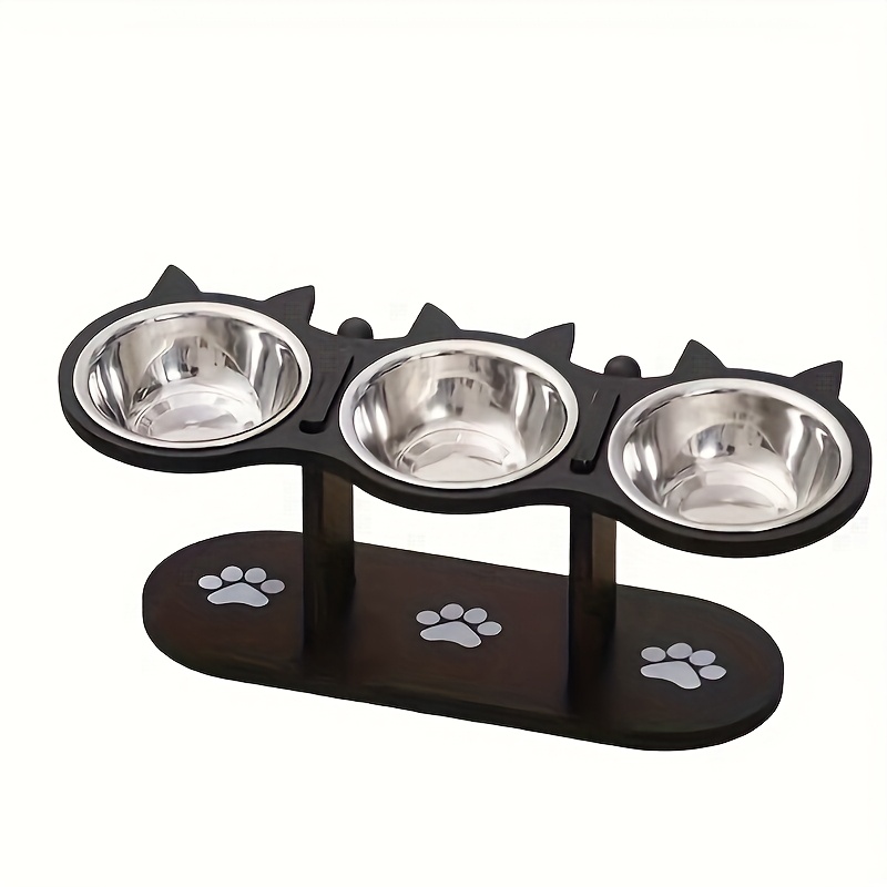 TEMU Raised Cat Bowl With 3 Stainless Steel Bowls, Raised Height Adjustable With Wooden Stand, Ergonomic Feeding , Water Bowl
