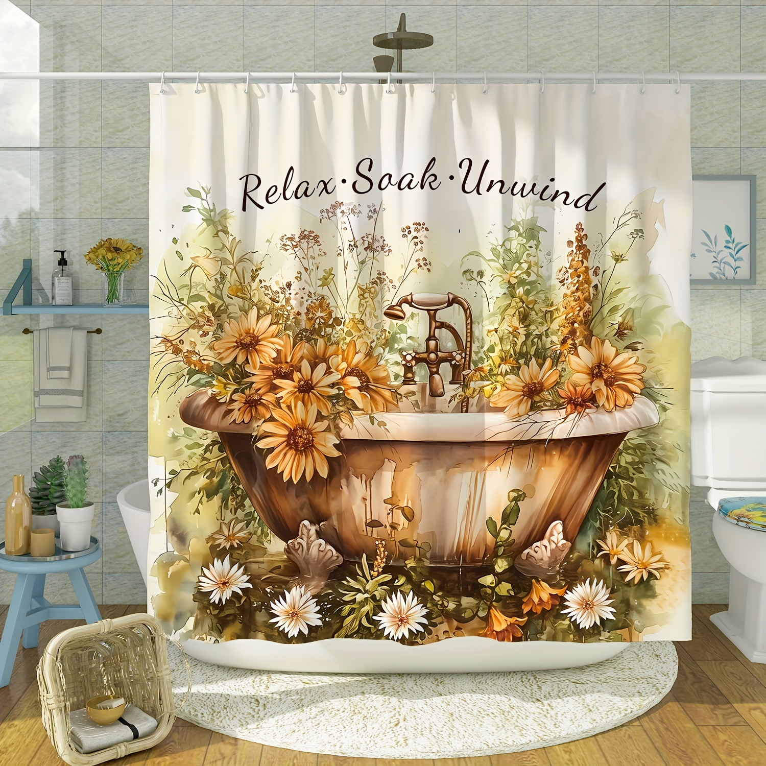 

1pc Sunflower Bathtub Printed Shower Curtain, Waterproof Shower Curtain With Hooks, Bathtub Partition, Bathroom Accessories, Home Decorations