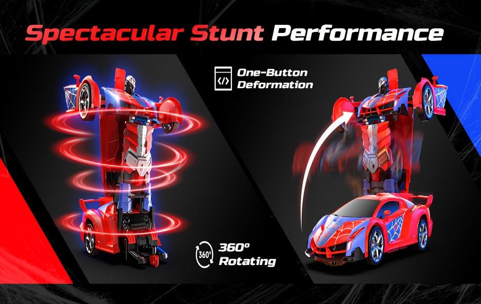 DEERC 1:18 Spider Transforming RC Robot Car Toys, Red Black One Key Morphing 360 Spin Auto Mode, Durable ABS Plastic for Kids Boys 6+ Collectors, Local Warehouse Fast Shipping, Special Birthday Gift, Clearance and Closeout Deal