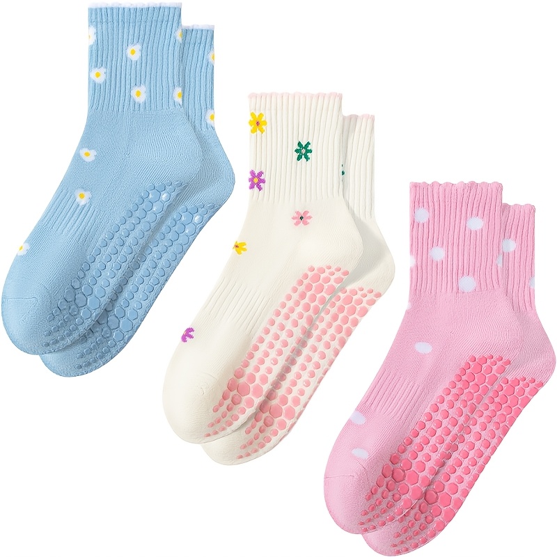 TEMU 3 Pairs Yoga Socks For Women Non Slip Grip, Thick Cushioned Terry Cloth Anti Skid Pilates Barre Socks With Dot Grips, Warm Cozy Crew Hospital