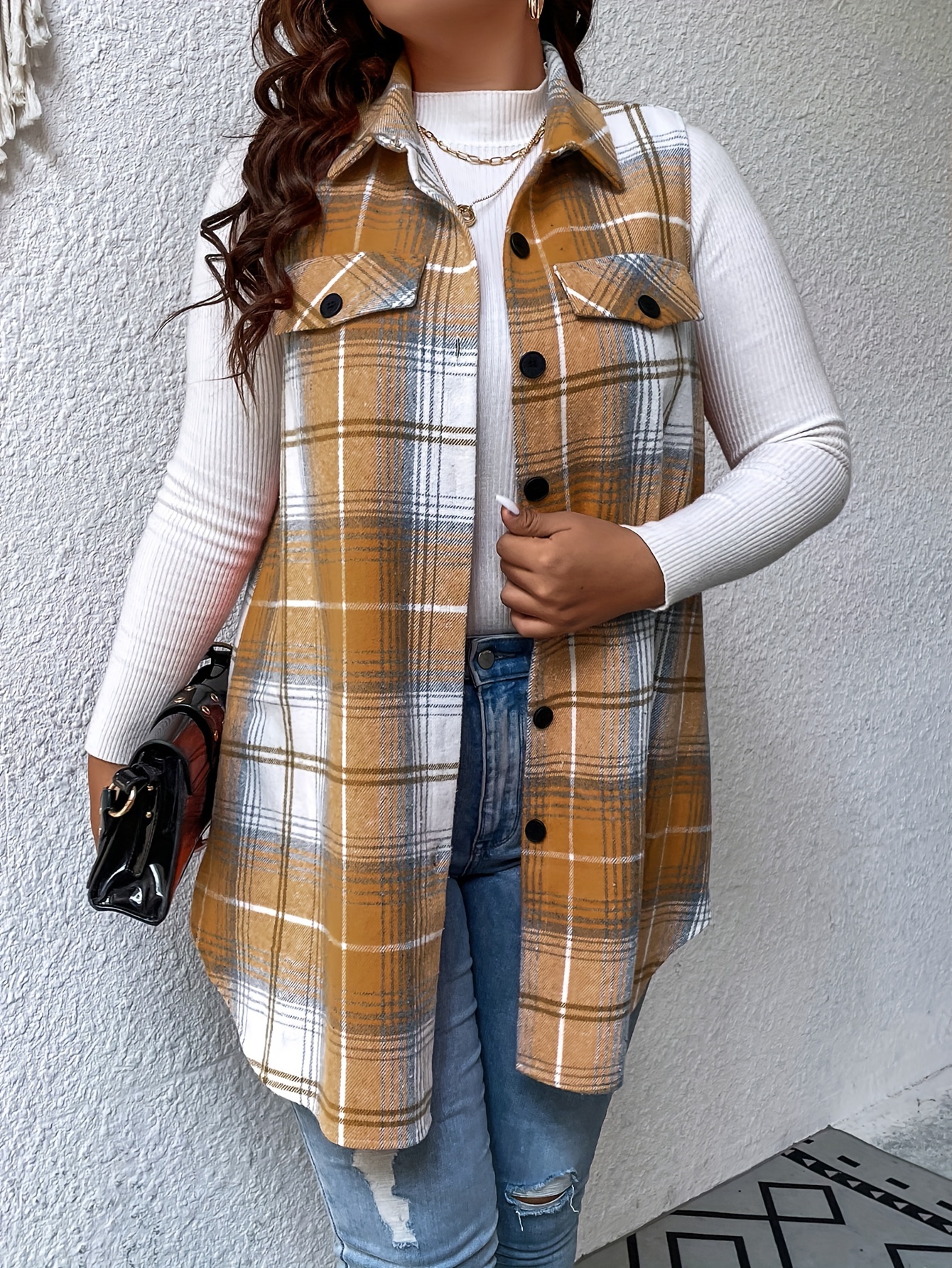 Plus Size Plaid Pattern Button Front Vest, Casual Sleeveless Flap Detail Gilet Jacket For Fall & Spring, Women's Plus Size Clothing