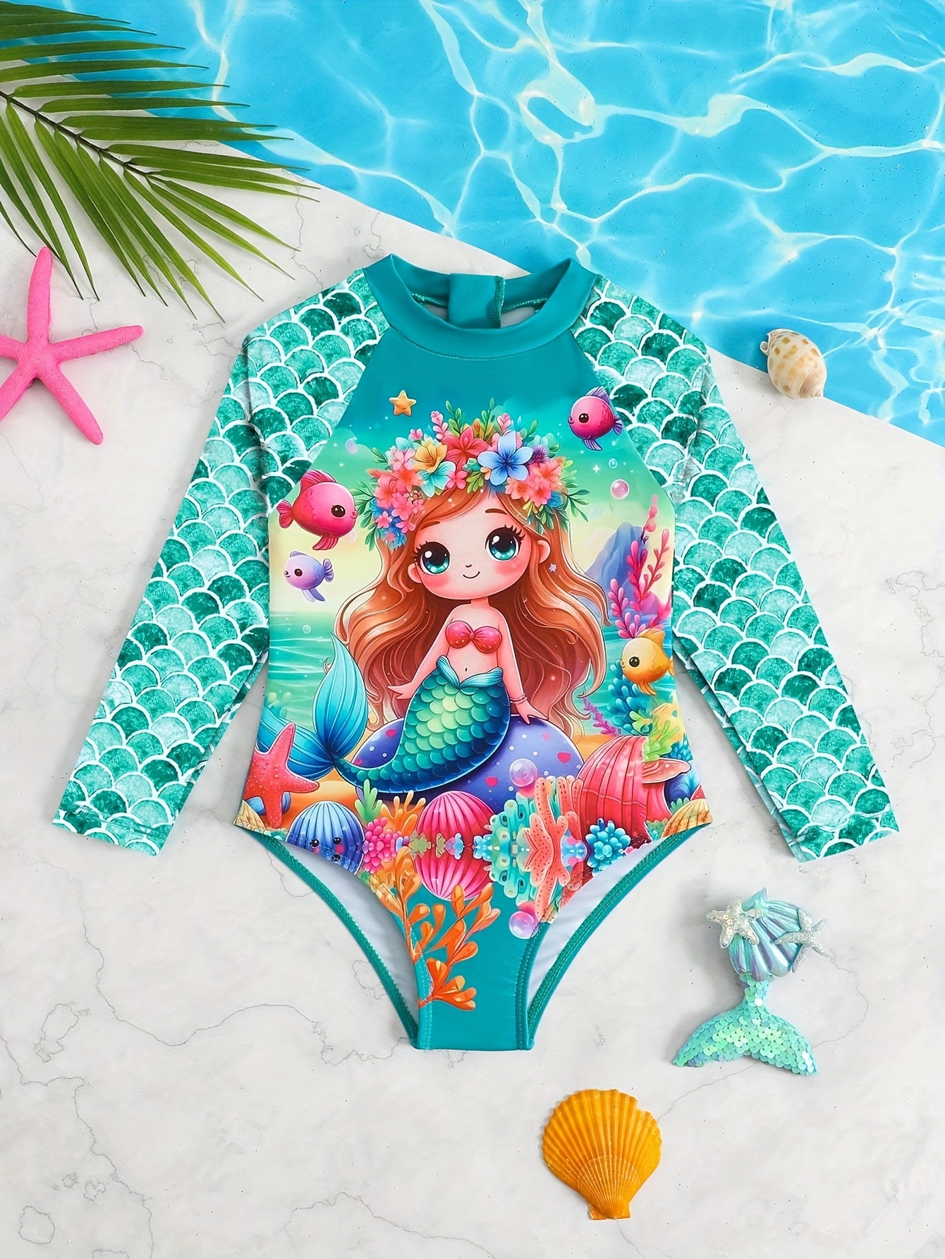 Girls' Cute Cartoon Mermaid Print Long Sleeve Zipper Bikini Swimsuit