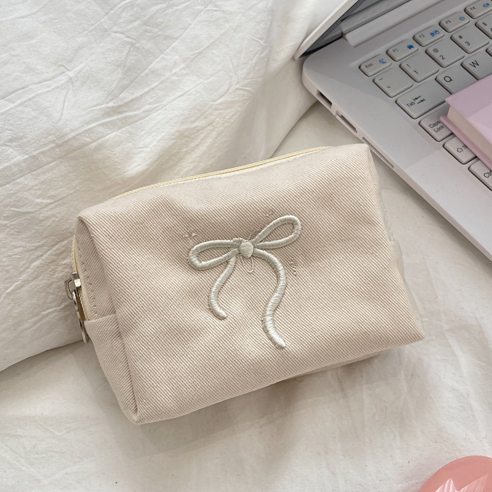 TEMU 1pc Makeup Bag Solid Color Bow Three-dimensional Makeup Bag Cosmetic Bag High Quality, Lipstick Pack, Women Bags For Make Up, Bag Storage Makeup
