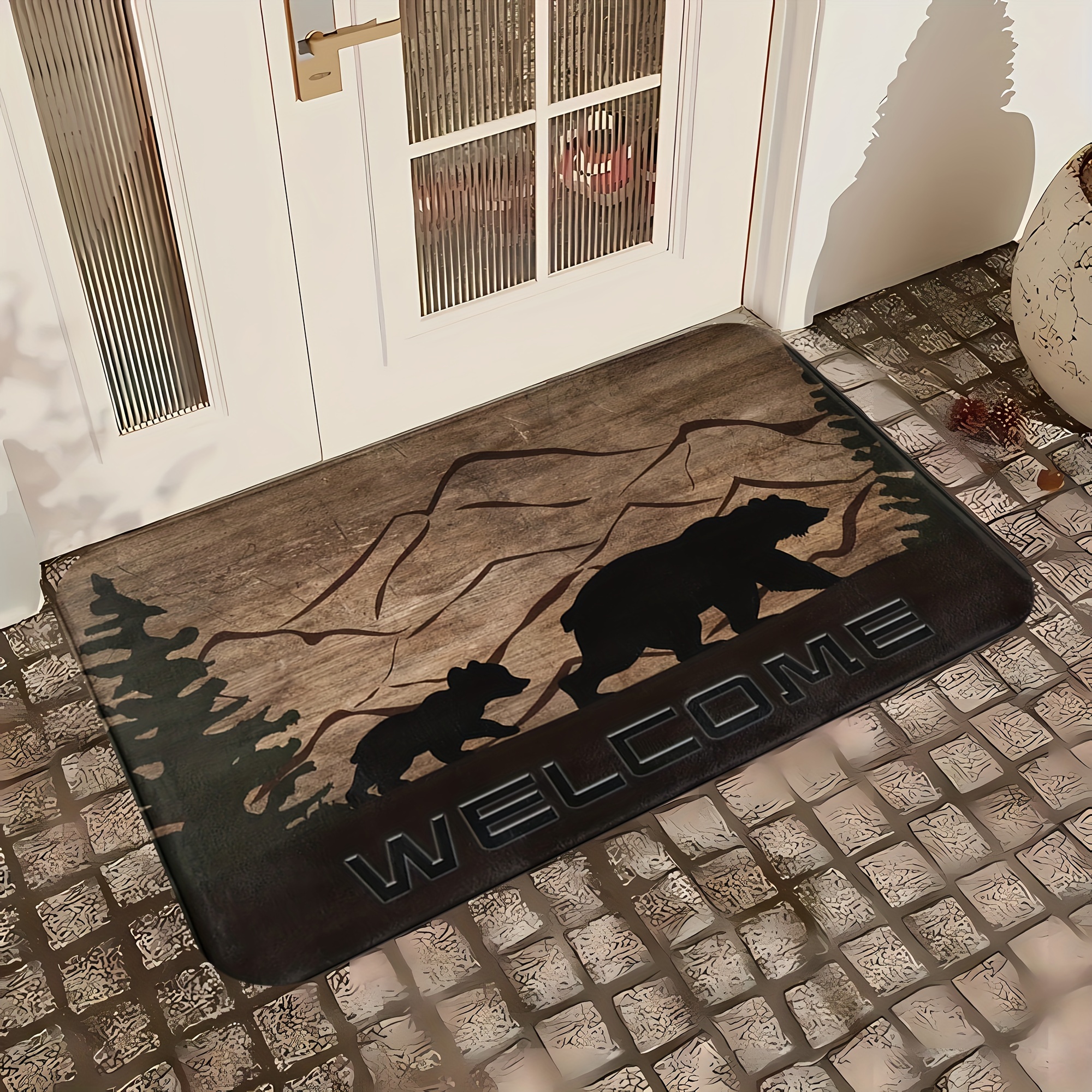 

Welcome Bear Cabin Pattern Door Mat - Non-slip, Easy To Clean, And Stain Resistant - Suitable For Living Room, Bedroom, Kitchen, Office, And Vacation Home Decor - Machine Washable