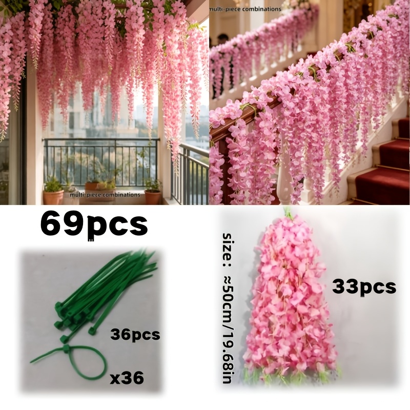 TEMU 69pcs Set Of Artificial Pink Wisteria Hanging Flowers With Tie, Realistic Leaves Floral Vines, Indoor Decoration, Suitable For Weddings,