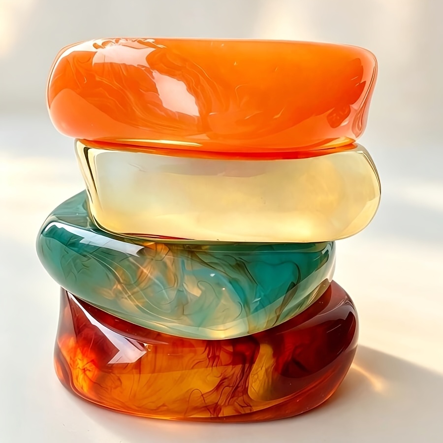 TEMU 4pcs Set Of Retro Gradient Marble Pattern Irregular Thick Band Resin Bracelets, Stackable Acrylic Wrist Jewelry, Suitable For Daily And Party