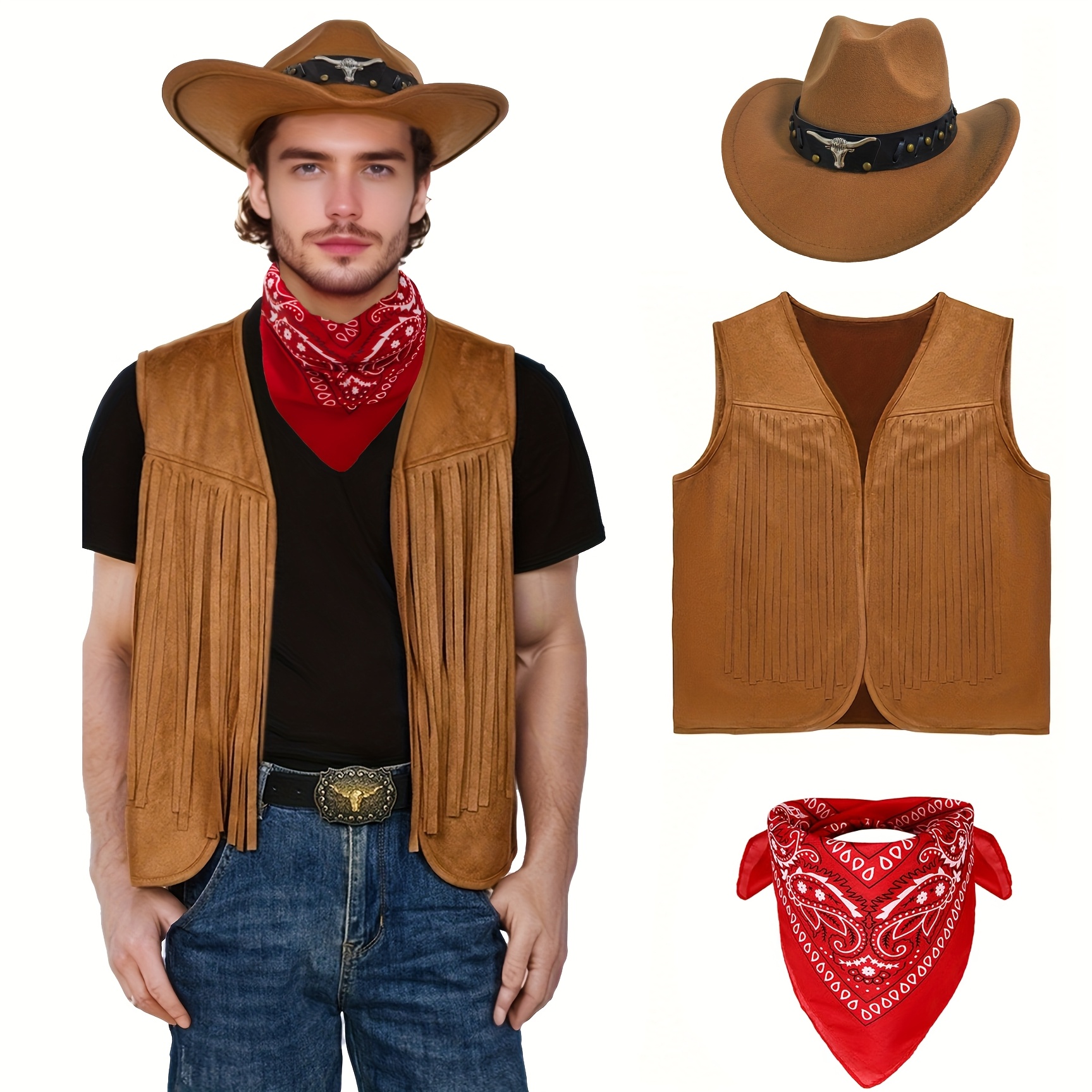 Firecos Déguisement Cowboy Cosplay Western Cowboy pour Hommes Gilet à Franges Chapeau Bandana Collier pour Carnaval Costume Hippie pour Adultes (Kaki, S