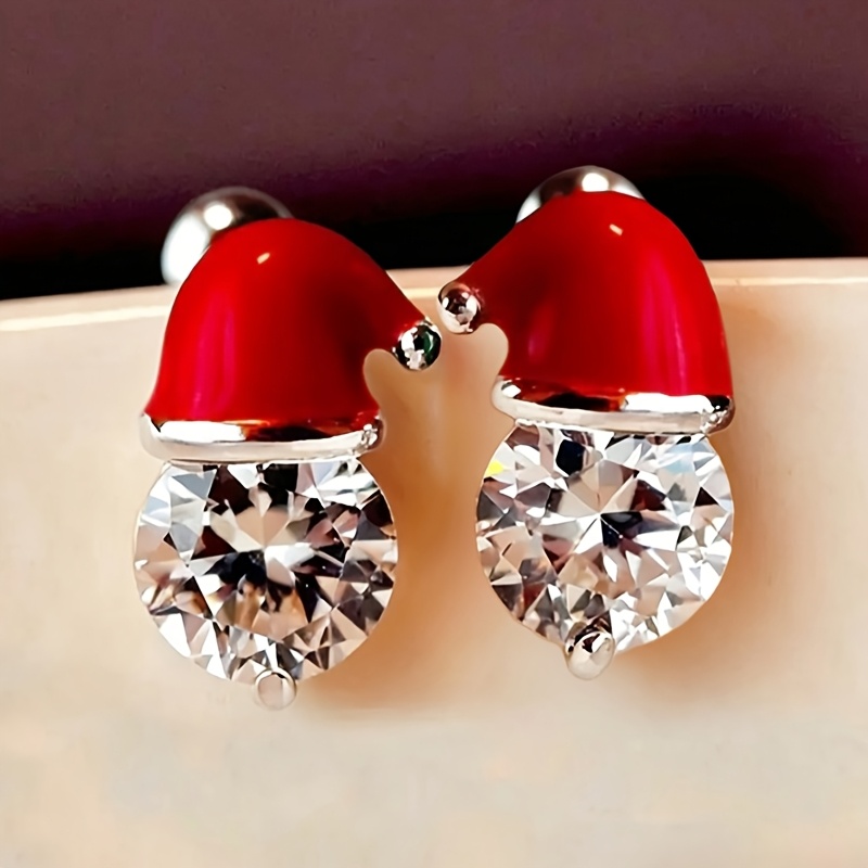 TEMU Cute Santa Hat Round Cz Small Stud Earrings For Women Red Enamel Christmas Festive Daily Party Fun Jewelry Gift