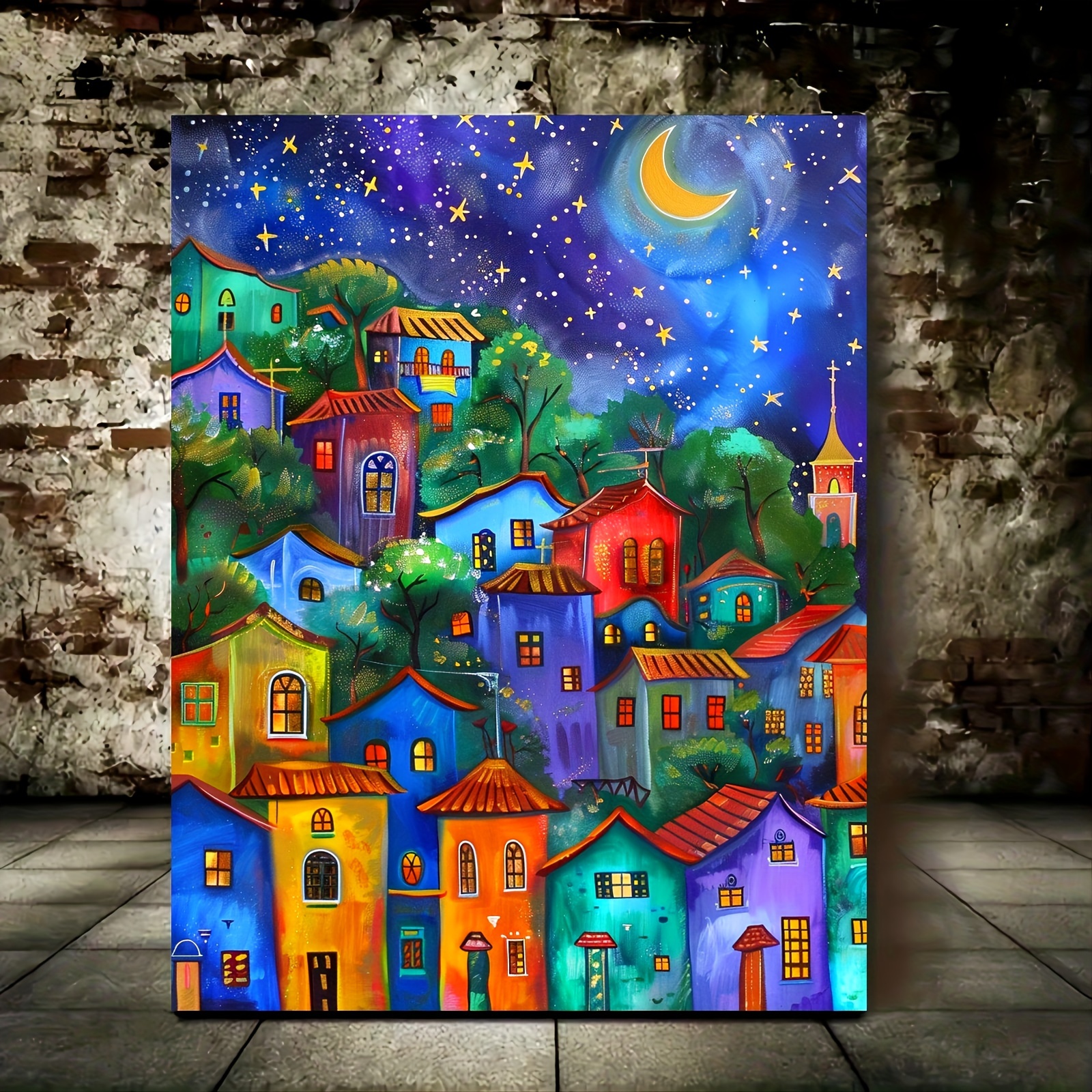 TEMU Fantastico Tela Muro - 11.8x15.7 Pollici Pittura Fantastica Colorata Casa con Luna e , Cornice in Legno 2D, Fantastica per Soggiorno, Camera da
