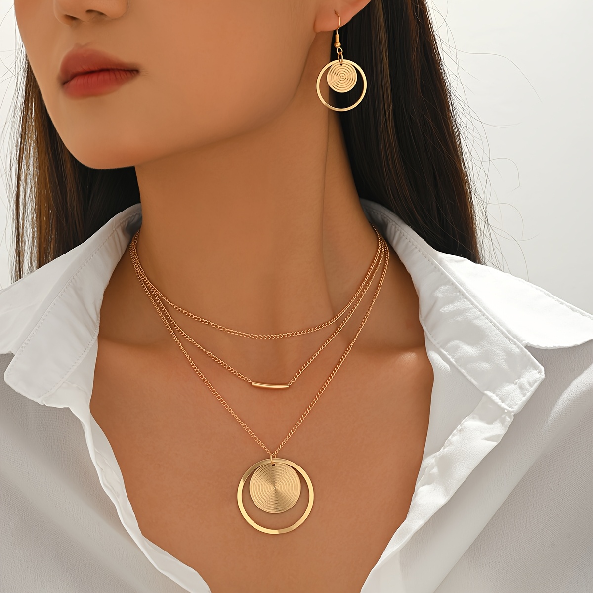 2pcs Women's Jewelry Set, Minimalist 3-Layer Chain & Earrings