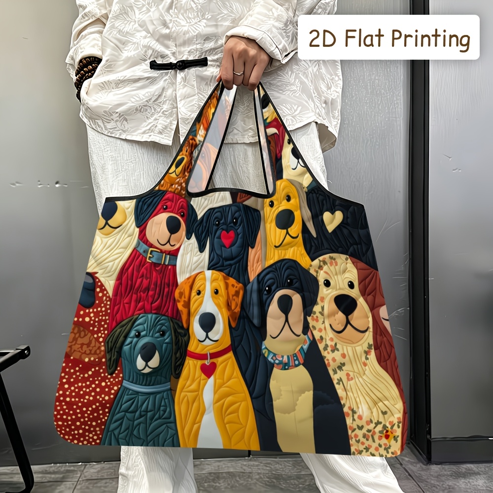 TEMU 2d Flat Printing, 1pc Foldable Tote Bag, Colorful Adorable Dogs Quilted Printed Tote Bag, Soft-shouldered, Hand-held, Reusable, Durable,
