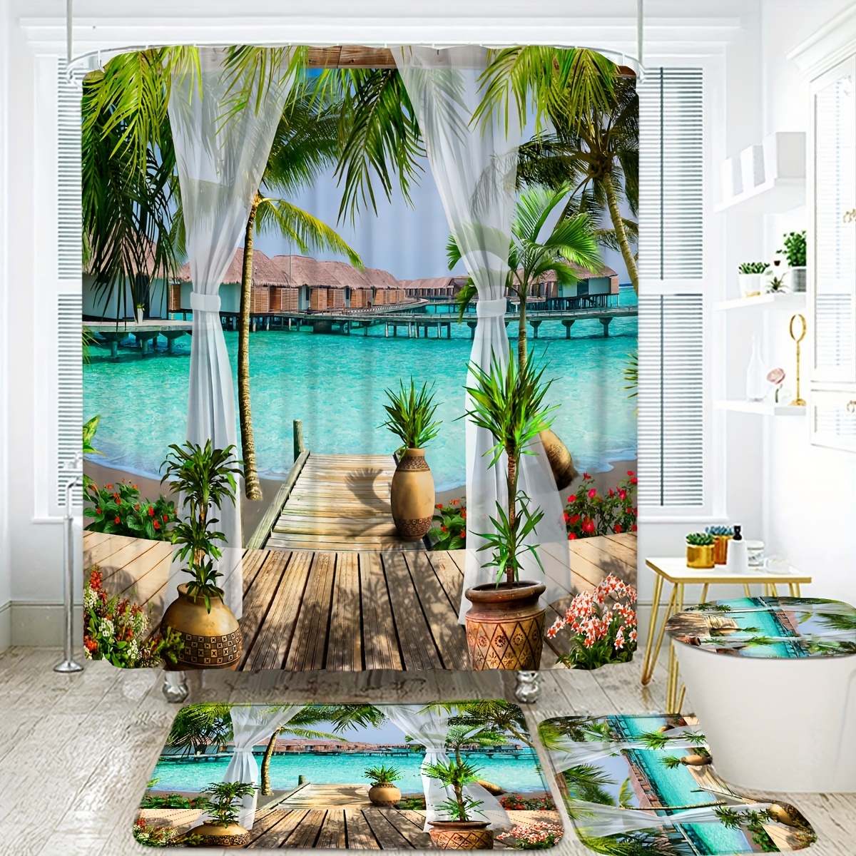 

1/4pcs Tropical Beach Pattern Shower Curtain Set, Shower Curtain With 12 Hooks, Non-slip Bath Mat, U-shaped Toilet Mat, Toilet Mat, Bathroom Decor Accessories