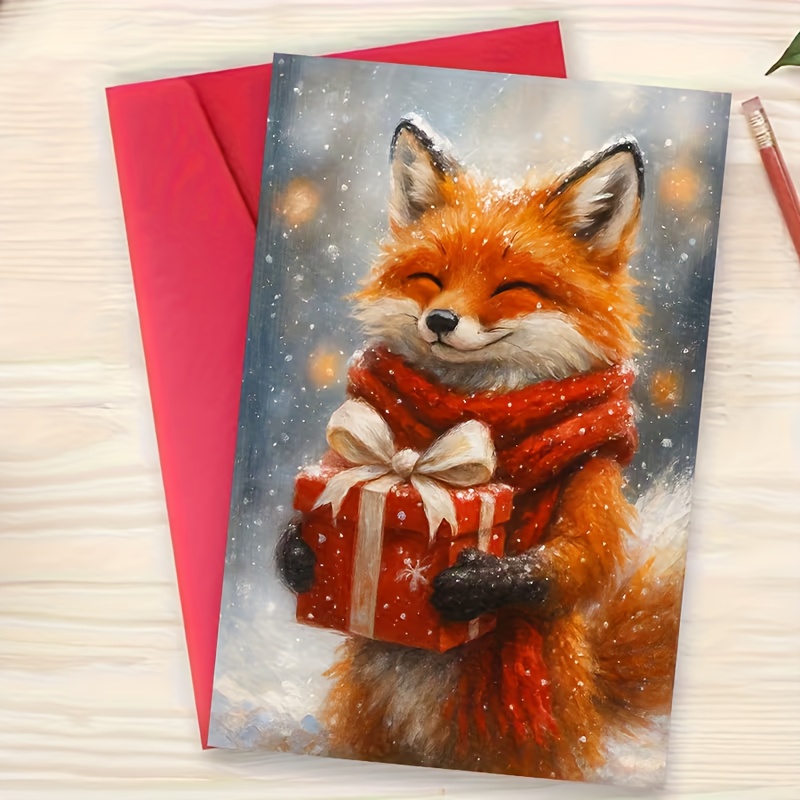 TEMU 1pc/2pcs/3pcs Cute Fox Handheld Gift Cards With Envelope - Birthday Christmas Cards, Snowflake Pattern And Red Scarf Fox Design, Suitable For ,