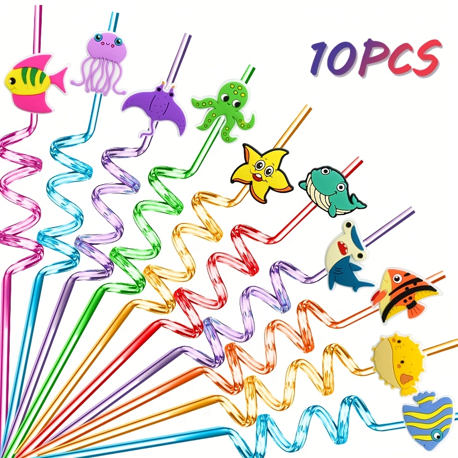10pcs Styling Straws Octopus Shark Reusable Drinking Plastic Straws Summer Birthday Party Theme Decoration Straws