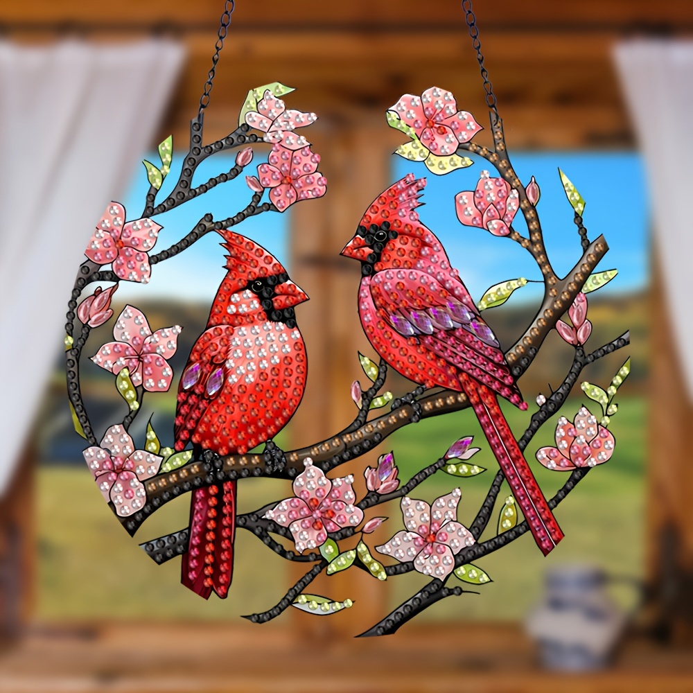 

15x15cm Diamond Painting Kit With Red Birds Couple, Round & Irregular Shaped Diamonds, Acrylic Sun Catcher Hanging Decor, Embroidery Mosaic Art Craft Gift For Home, Bedroom, Living Room & Study Decor.