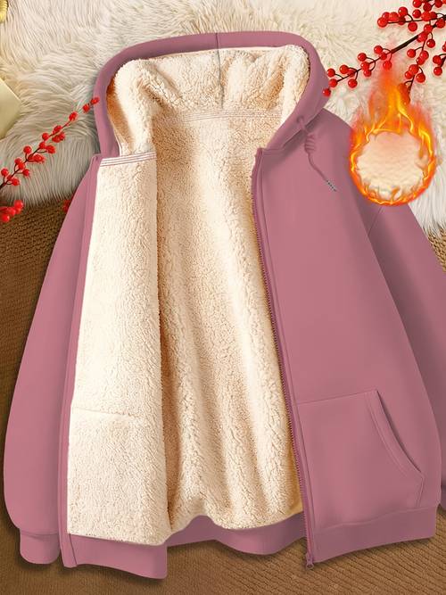 2025 womens winter drawstring pocket cardigan hooded sweatshirt fleece lined cardigan jacket thick wind resistant fabric suitable for casual sports and home use fleece lined and thickened inner layer imitates lambs for