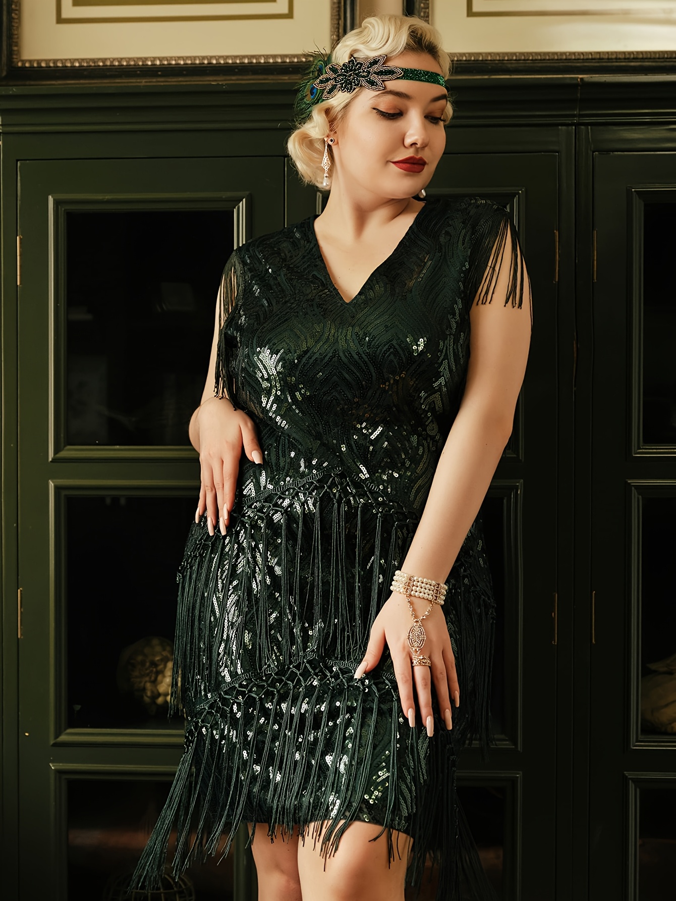 chinese dress ladies Unique Vintage Plus Size 1920s Black Beaded Fringe Sleeve Nadine Flapper Dress 2X/18