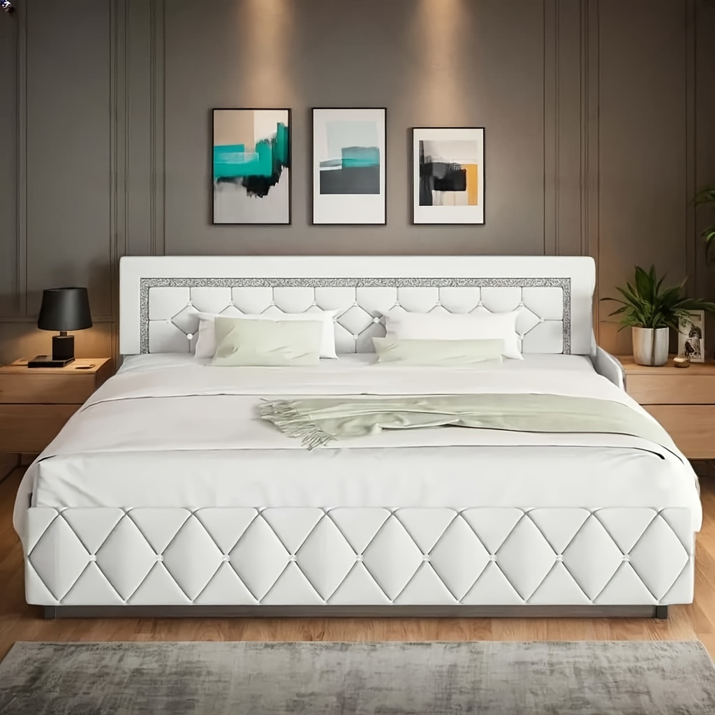 

Upholstered Platform Bed With Button Tufted Headboard, Princess Platform Bed With Diamond Design, Wooden Slats Support, Spring Required, Easy , White