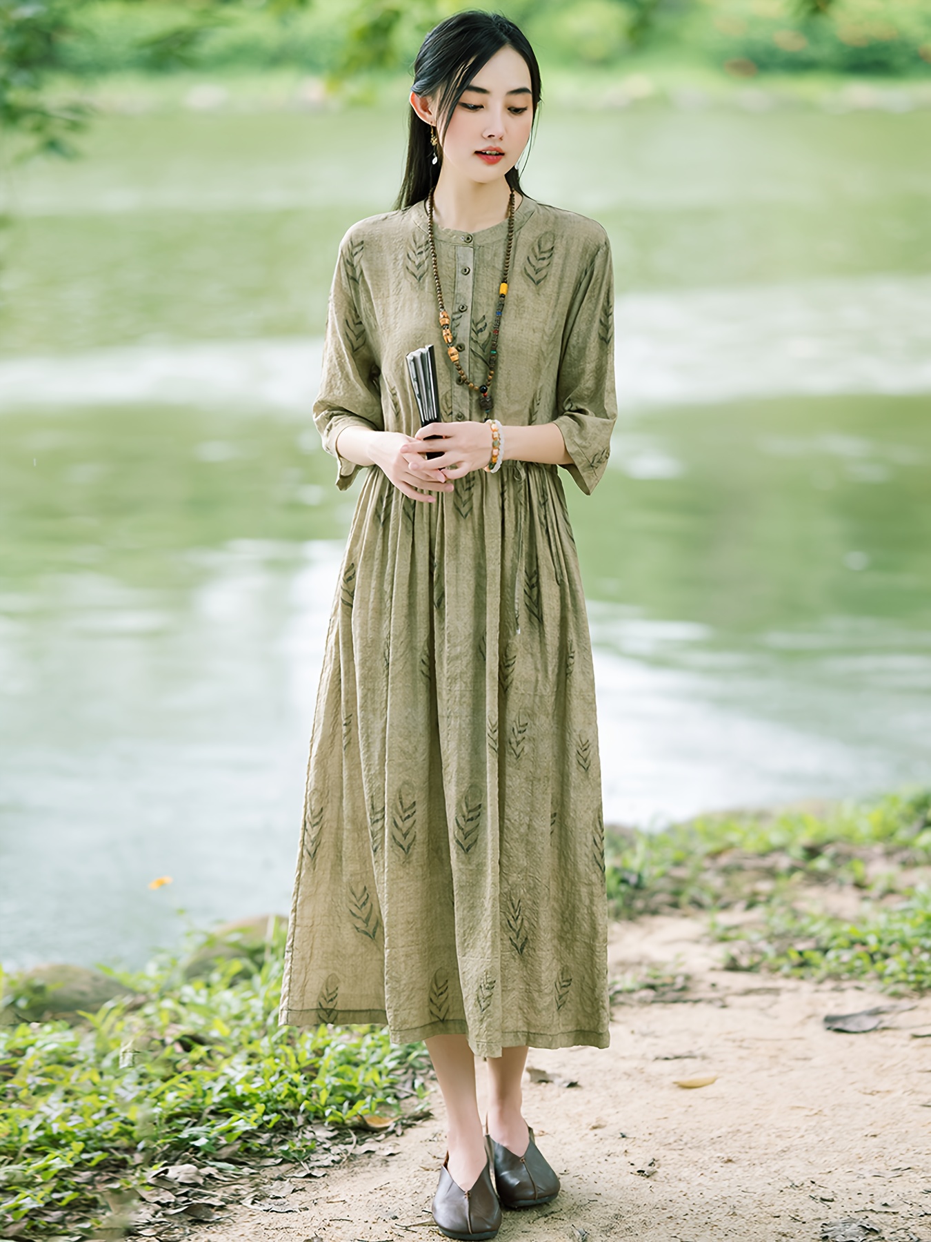 chinese dress ladies Cap Sleeve Tea Length Floral Linen Cheongsam Chinese Dress