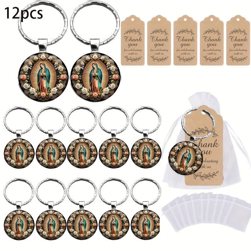 TEMU Cadeau pour elle/lui, 12 ensembles de porte-clés ronds religieux personnalisés européens et américains en verre avec 12 pièces d'organza et 12
