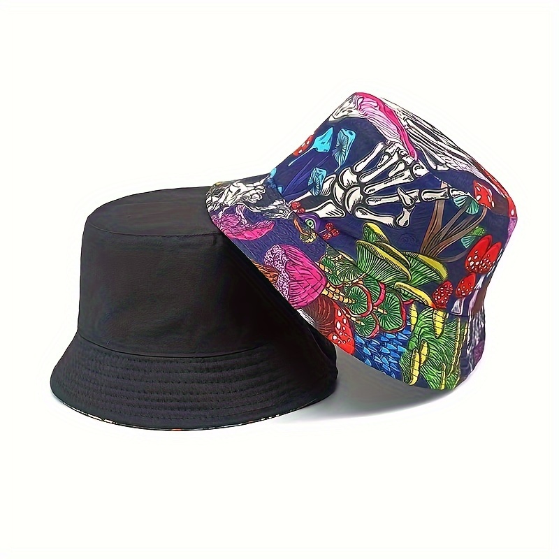 Skull And Leaf Print Reversible Bucket Hat Hip Hop Hat - Temu Japan