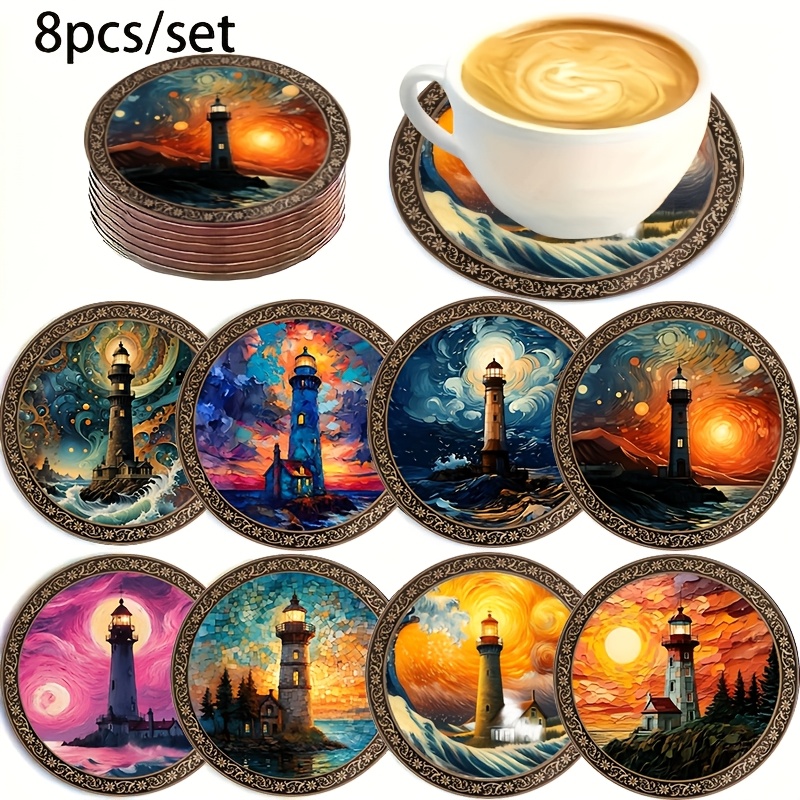 TEMU 8pcs Coasters Suitable For /tea/beer - Lighthouse Oil Painting Table Protectors, Vintage Dutch Decor For, Bar, Office - Holiday Gift For