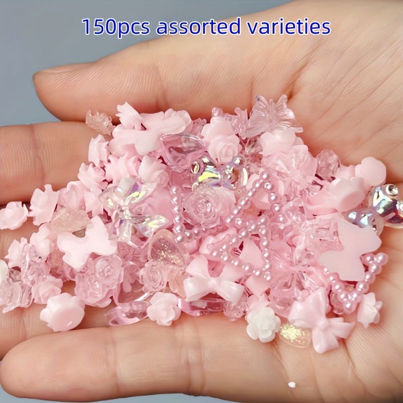 150pcs Random Mixed White Pink Bows, Hearts, Flower Beads, Phone Case Jewelry Making Nail Decoration - Cute Mixed Style Nail Embellishments, Nail Art, Bead Assortments