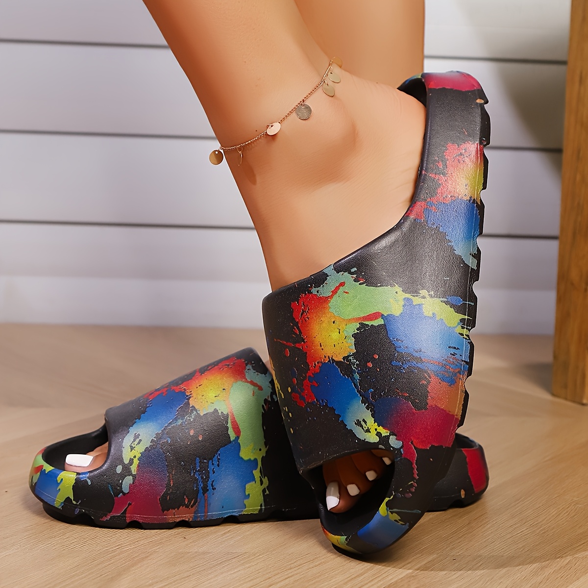 womens colorful splash paint slides open toe eva sandals for indoor outdoor use  able thick sole   for stylish summer wear  able footwear cushioned   Product details 1