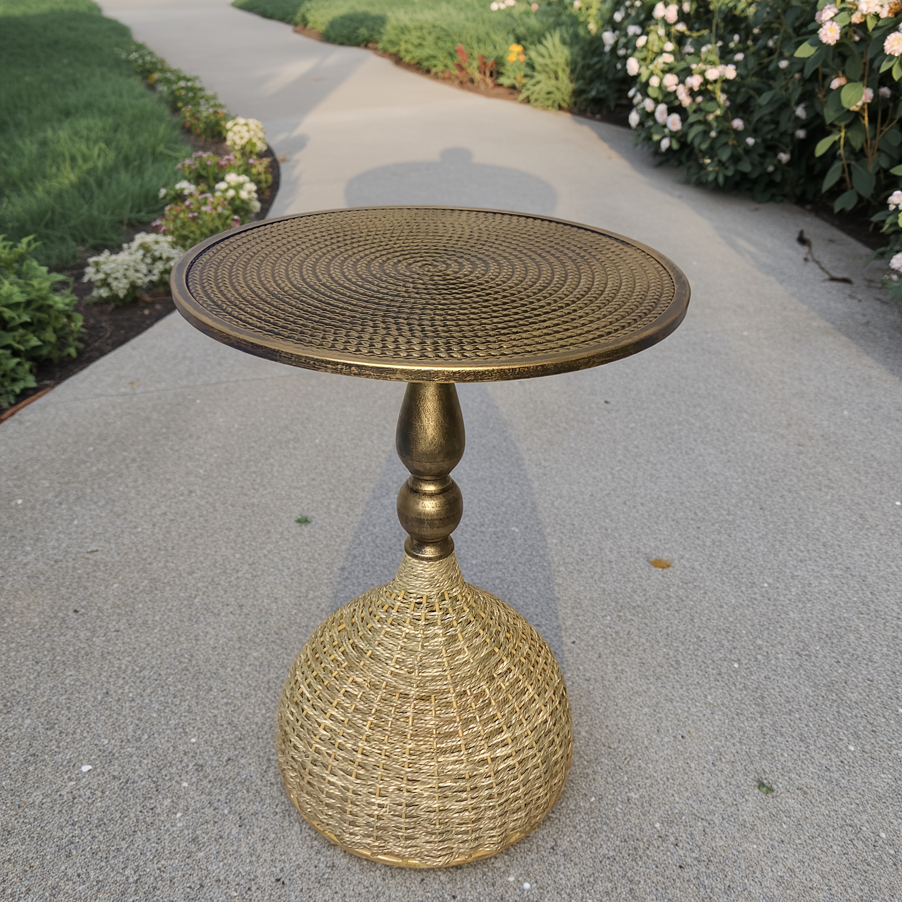handcrafted rattan metal round side table vintage bronze   easy assembly compact 27 height   living room study balcony coffee shop or bar decor coffee table for living room balcony furniture rustic charm durable construction decorative side table   3