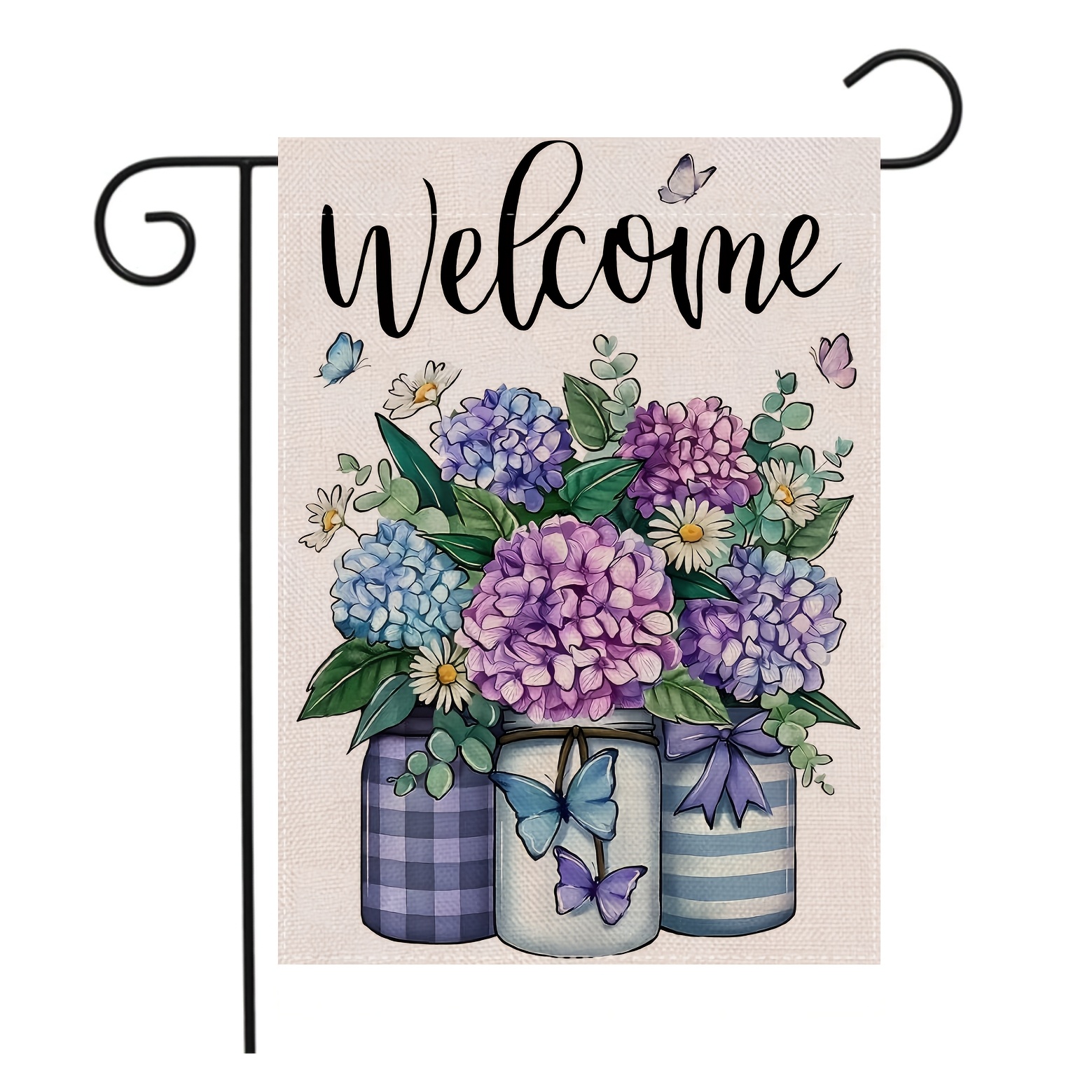 

Spring Hydrangea & Daisy Garden Flag - 12x18 Inches, Double-sided, Linen, Outdoor Home Decor, , Mason Jar, Burlap