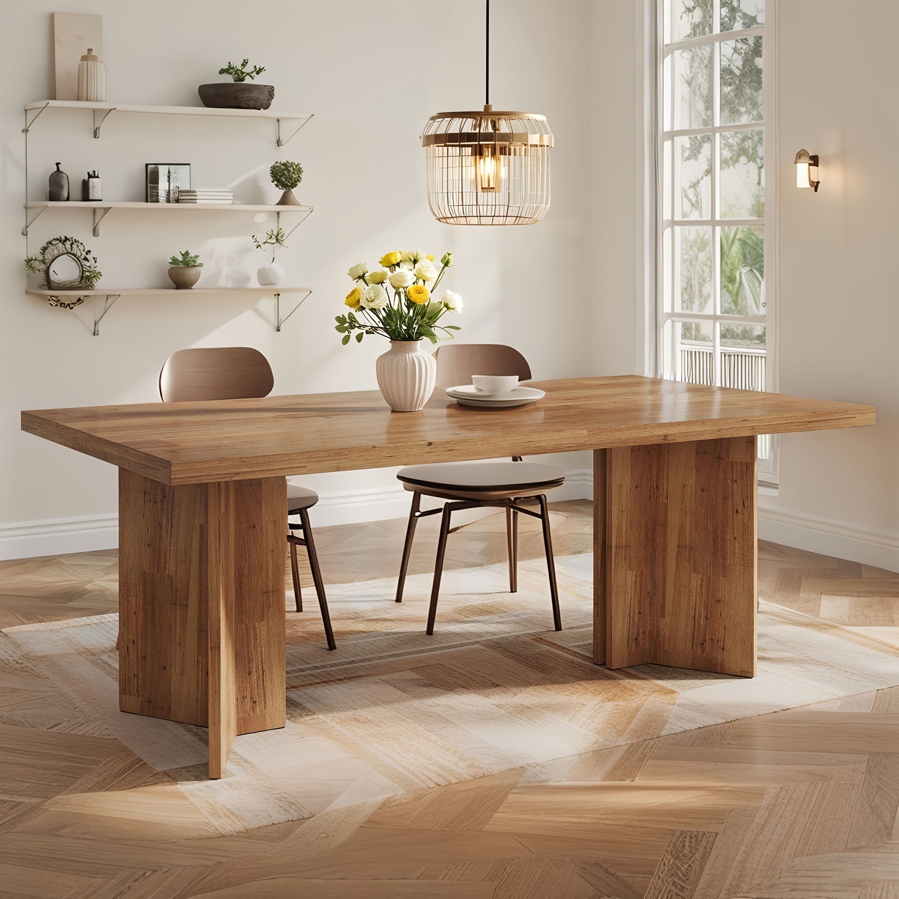 63-Inch Farmhouse Kitchen Dining Table with Large Table Top - Rustic Wood Table Suitable for 4-6 People, Assembly, Wood Grain, for large families & Gatherings