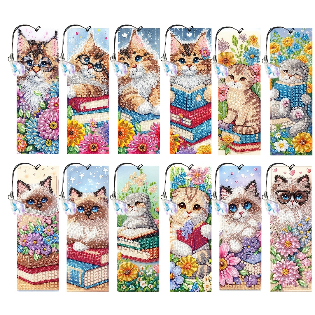 TEMU Set di 12 segnalibri a tema gatto per painting con strass di , adatti per dei libri, regali fai da te, design e con gattini, perline di