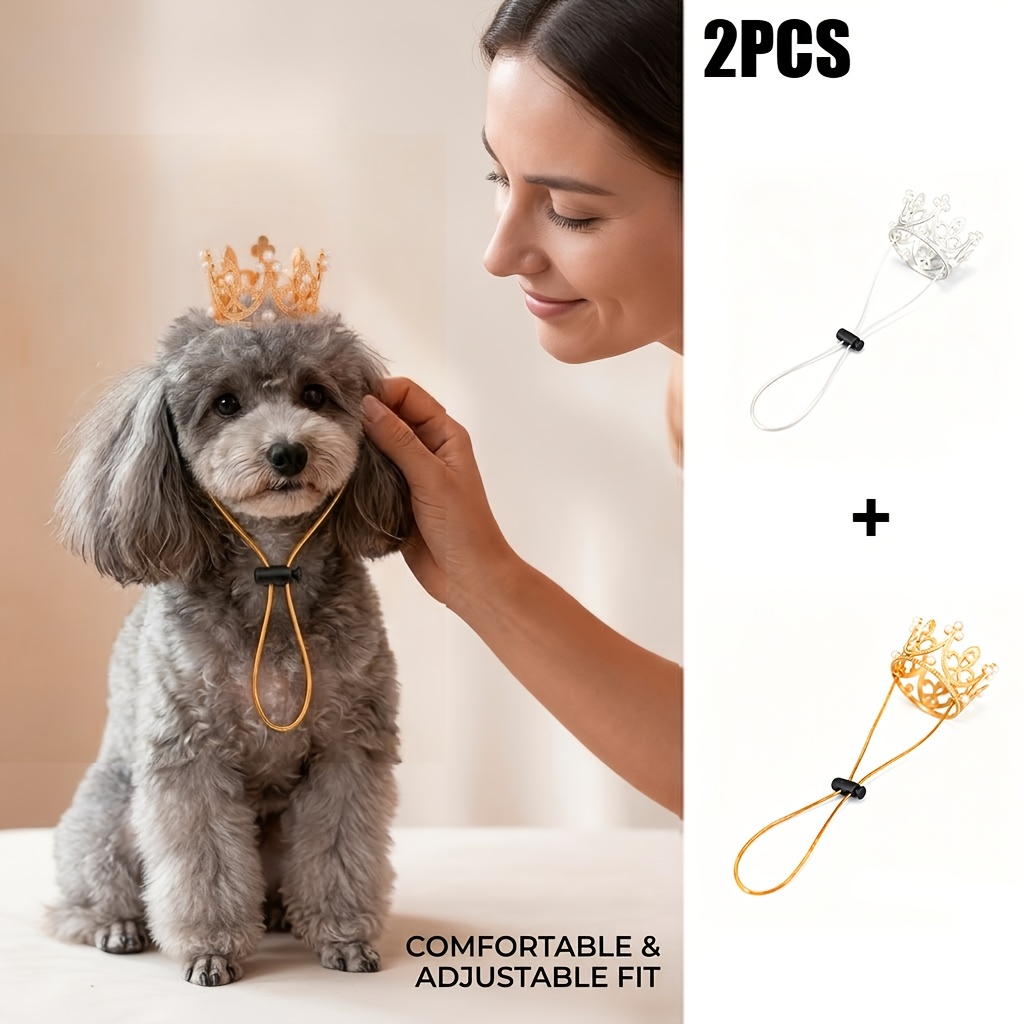 TEMU 2pcs Pet Crown Set, Vintage Animal Headwear In Golden & Silvery, Cute Costume Accessories With Adjustable Drawstring For Cats And Small Medium
