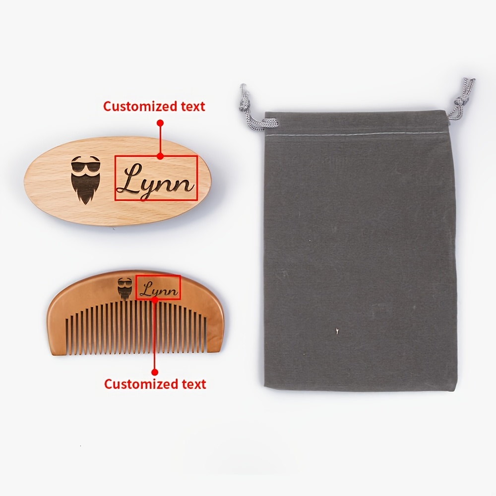 TEMU A Customized Men's Goat Hair And Wood Beauty Set With Text: Brush And Double-sided Comb Set, With Travel Straps, Beard Care And Maintenance,