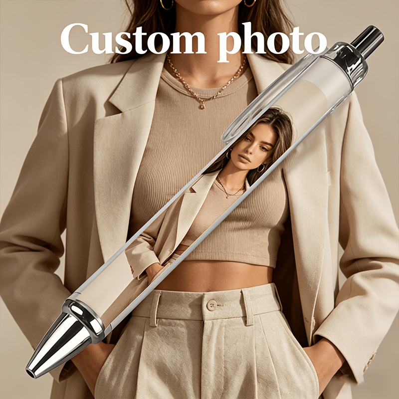 TEMU (back-to-school Stationery) Custom Photo Retractable Black Gel Pen, Personalized Minimalist Beige Aesthetic Fashion Portrait Print, Customized
