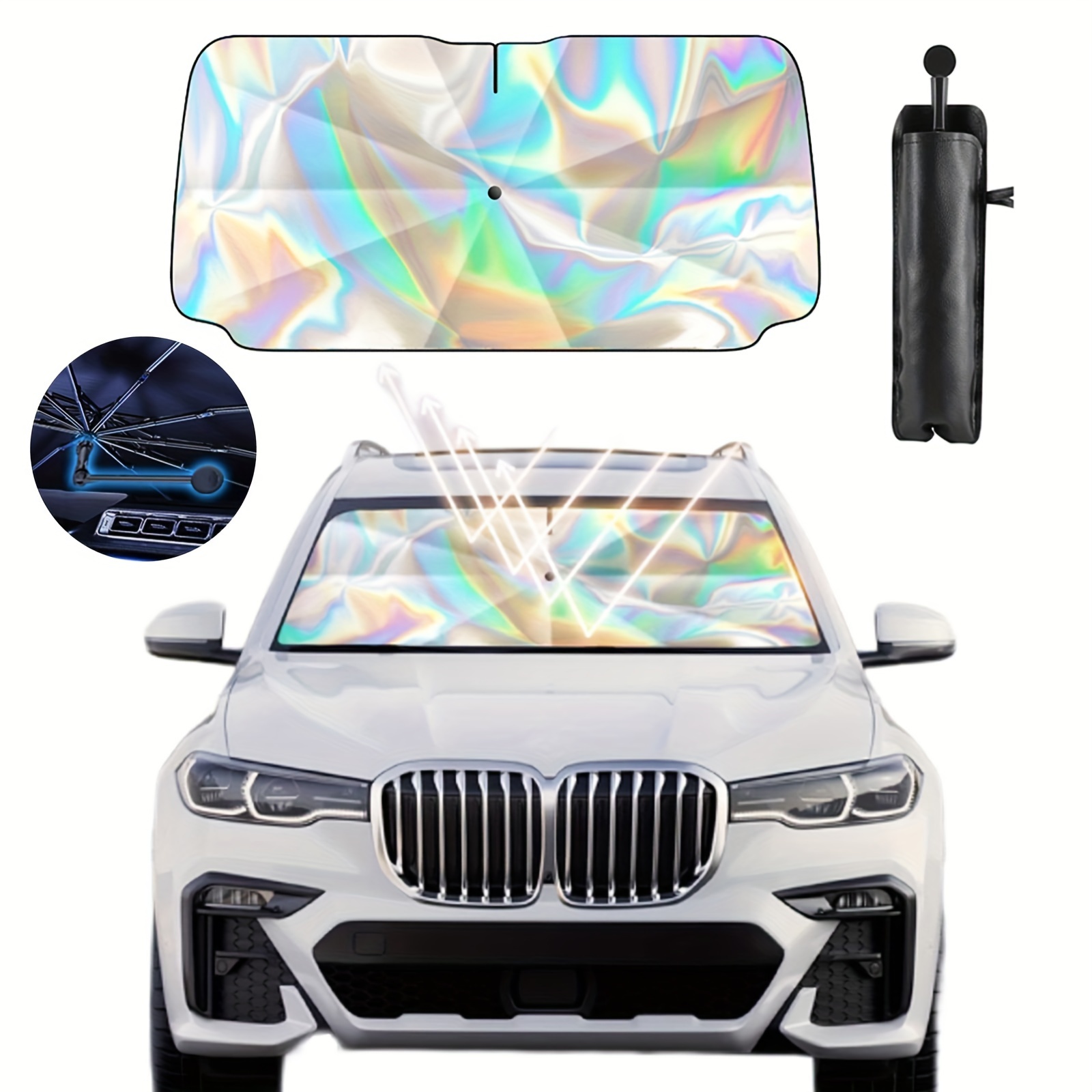 TEMU 2024 Windshield Sun Shade, Iridescent Foldable Car Umbrella With 360° Rotating Shaft, Scratch-free Front Windshield Protector For Sedans, Suvs, Wagons & Pickups - Ultimate Uv Sun Blocker