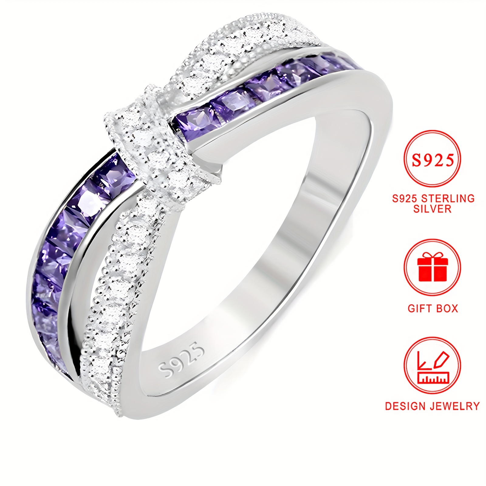 

925 Sterling Silver Colorful Shiny Zirconia Ring Bow Inlaid Purple Zirconia Female Finger Ring Daily Party Holiday Gift Jewelry With Gift Box