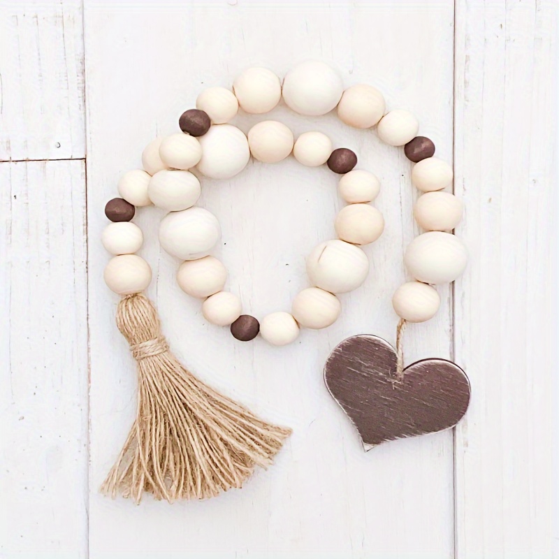 

Farmhouse Heart-shaped Wooden Bead Garland With Tassel, Natural Beads, Tiered Tray Decor For Valentine's Day