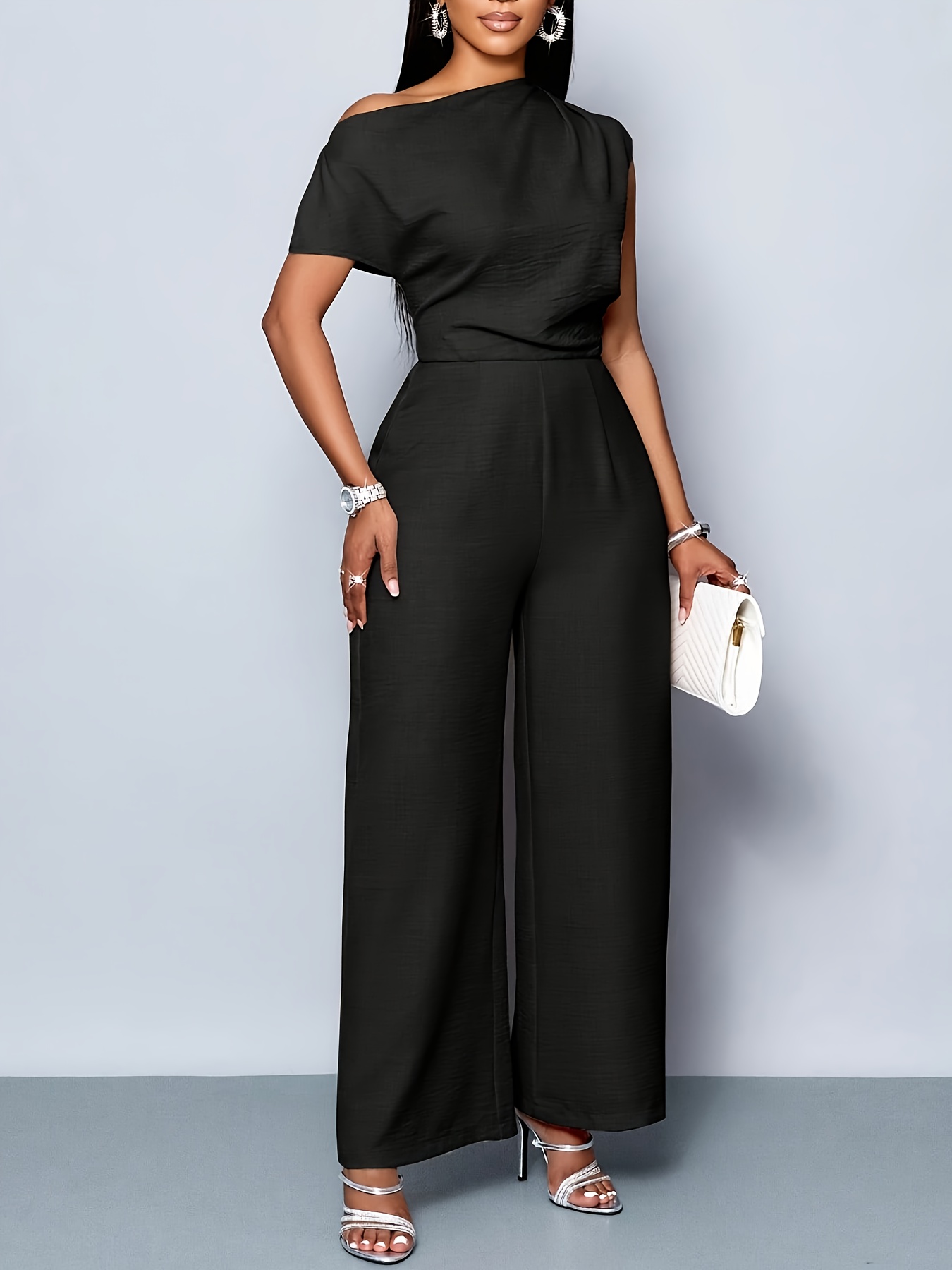 Women's Commuter Elegant Solid Color Daytime Outing Casual Simple Off-Shoulder Asymmetric Neckline Shoulder Pleat Short Sleeve Wide-Leg Jumpsuit, Valentine's Day Outfit