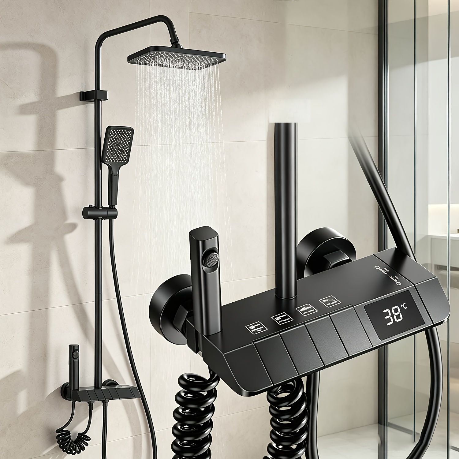 TEMU 4-in-1 Modern Shower System With Digital Display & Bidet Spray - Wall-mounted Bath Faucet Set, Handheld Showerhead, Bathtub Spout Suitable For