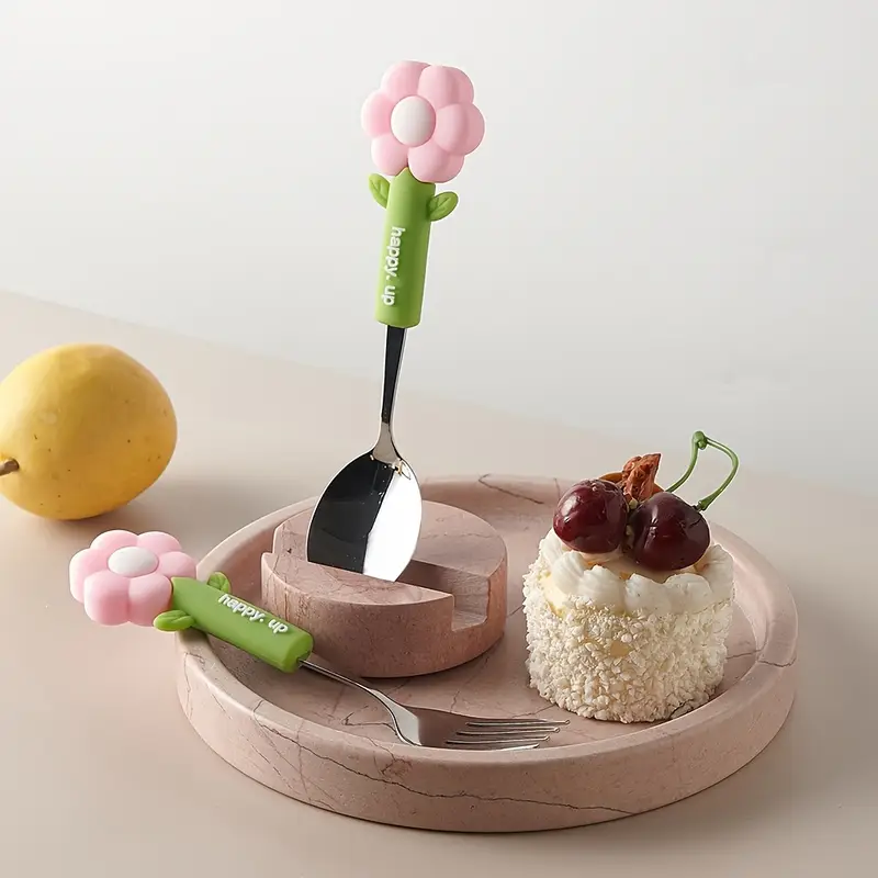 4pcs flower silicone handle fork and spoon set stainless steel tableware suitable for kitchen restaurant hotel carrying party travel camping Product details 2
