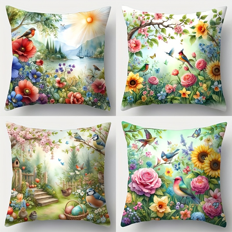 

4pcs Set, Sofa Pillowcase, Bird Garden Pillowcase, 17.7 Inches * 17.7 Inches, Single-sided Printing, Home Decoration, Sofa Lumbar Cover, Pillowcase Does Not Pillow Core